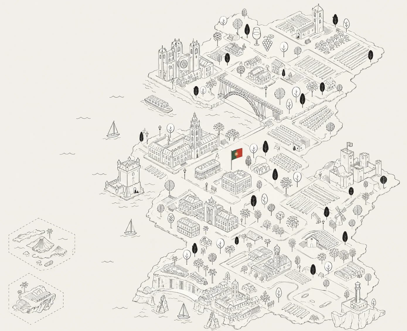 Mapa ilustrado de Portugal continental, Açores e Madeira