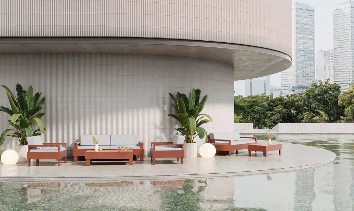 Terracotta Zenttal set on a terrace by a reflecting pool