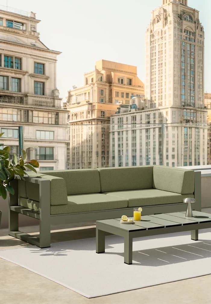 Olive Beghin sofa on a city terrace