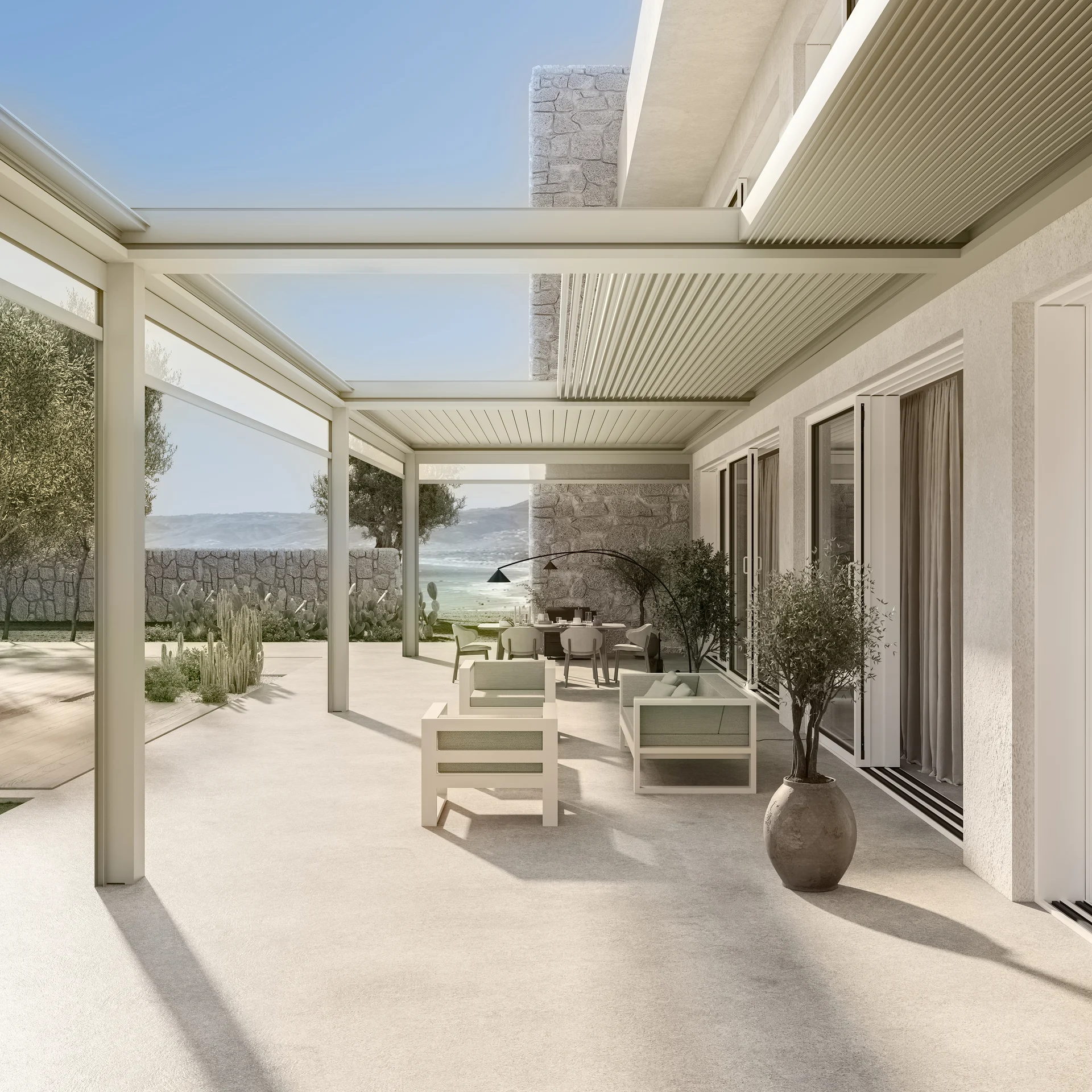 Visualização da pérgola Denia com as lâminas recolhidas numa parte da estrutura