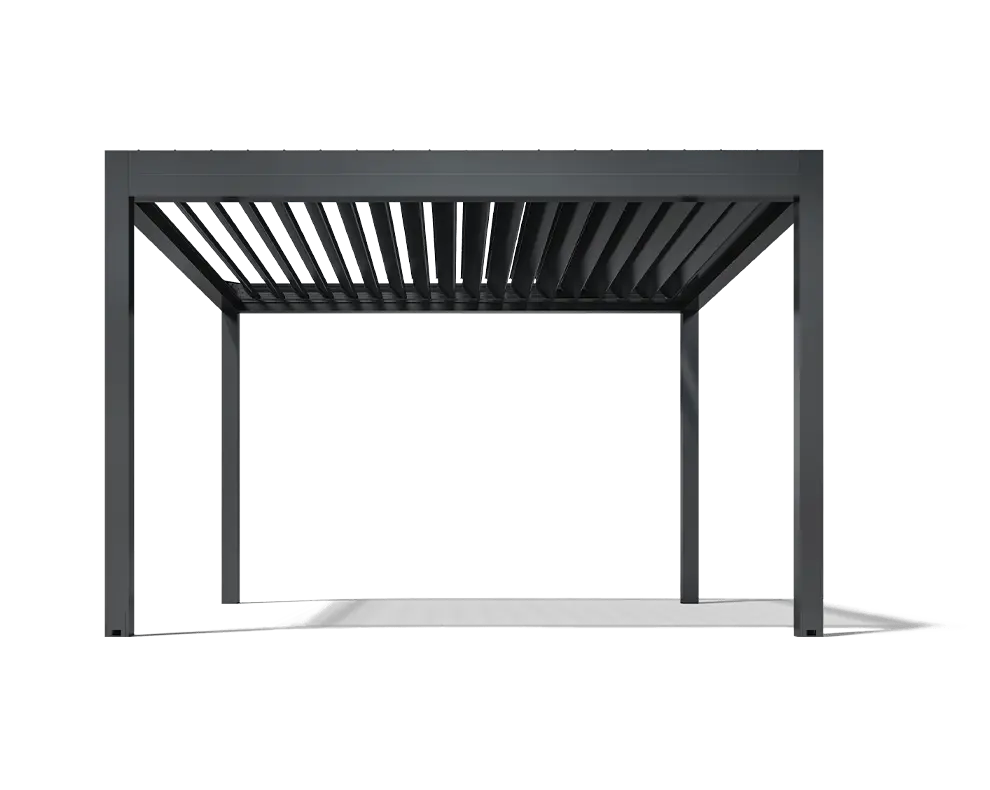 Anthracite aluminium bioclimatic pergola with its slats half open